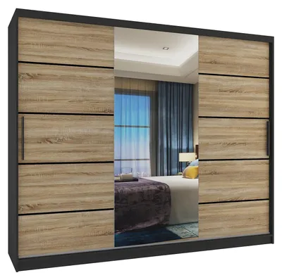 Obrázok produktu pre BELINI Verona MBP Posuvné skrine 232 cm, čierna/dub Sonoma, matný povrch - Skriňa na oblečenie so zrkadlom a 4 zásuvkami, pre spálňu
