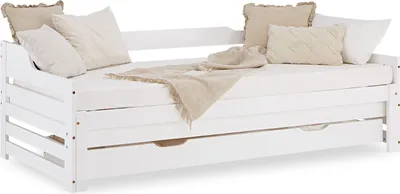 Image de Lit gigogne 90x200 cm Lit banquette 2 places en Bois Blanc Tiroirs Lit d'appoint Lit tiroir Lit d'enfant