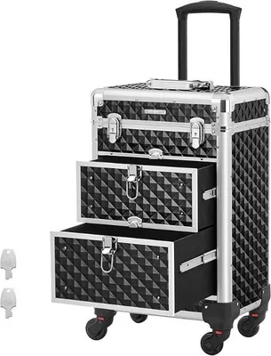Produktbild von Hoppa! | Kosmetikkoffer Trolley | Mit 4 abnehmbaren Universalrollen | 2 ausziehbare Fächer | Schubladen | Für Reise | Schwarz