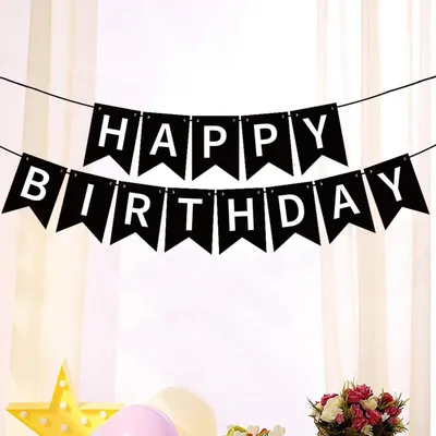 Immagine prodotto di Striscione di auguri per il compleanno, ghirlande, carta nera, lettere bianche, 5 metri