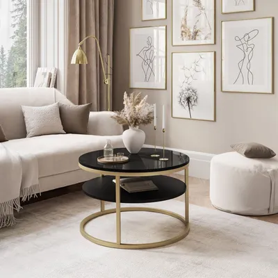 Produktbild von Runder Couchtisch CIRI SLIM mit Ablage, Gold matt / Schwarz hochglanz