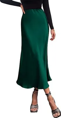 Produktbild von Damen Midi-Satinrock - Elegant und Lässig mit Hoher Taille, Ausgestellt und Fließend mit Rüschen für Partys