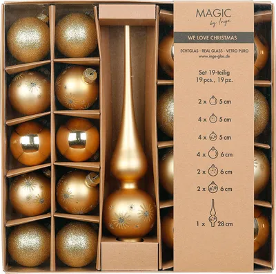 Produktbild von Weihnachtskugeln Glas 5-6cm mit Spitze 19er Set - Brokatgold