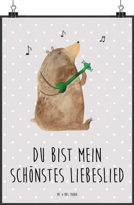 Produktbild von Mr. & Mrs. Panda Bild Bär Lied DIN A2 - Grau Pastell - Geschenk, wanddeko, Kunstdruck, Herz, Partner, poster, Plakat, Wandbild, Freundin, Liebe, Teddy, Spruch