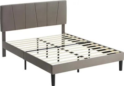 Image de HOMCOM Cadre de lit double, 140 x 190 cm, lit 2 personnes, cadre métallique, tête de lit réglable, avec sommier, rangement sous le lit, montage facile, gris