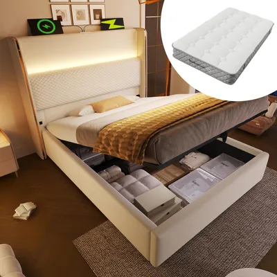 Produktbild von okwish Polsterbett 90x200 Stauraumbett mit Hohem Kopfteil und Bettkasten,Bettgestell mit Matratze,Einzelbett mit LED-Beleuchtung und Ladeanschlüsse,Beige