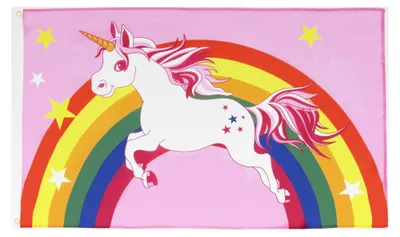 Produktbild von Regenbogen Einhorn Flagge - 90x60 cm - LGBT Fahne aus 100% Polyester mit Messing-Ösen - UV-beständig - Vives Farben - 50g