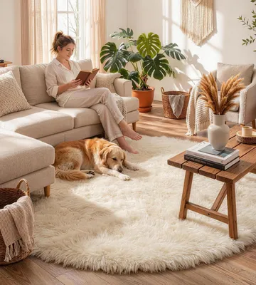 Image de Omgoods - Tapis rond, couleur crème, 150 cm