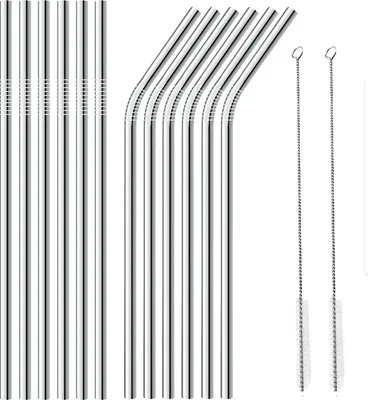 Produktbild von Edelstahl Strohhalme, 14pcs Edelstahl-Stroh Set 6 gerade 5 Gebogene trinkhalme Edelstahl und 2 Reinigungsbürsten für Cocktails, Smoothies, Shakes oder Säfte, Umweltfreundlich Wiederverwendbar