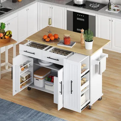 Immagine prodotto di Carrello da cucina con ruote e piano di lavoro pieghevole 120x40-65x90cm Bianco/Effetto legno