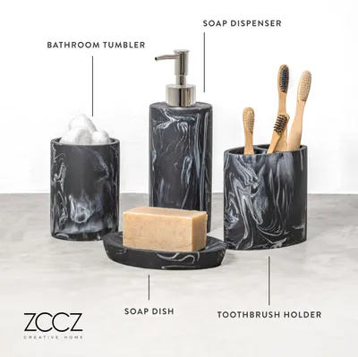 Image de Badaccessoireset, ensemble de 4 pièces, motif marbre, noir, pour salle de bain