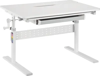 A white, adjustable children's desk with a pull-out drawer.