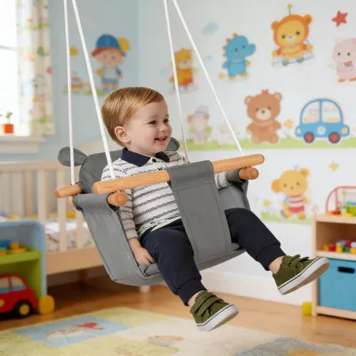 Image de Balançoire bébé Balançoire pour enfants Indoor et Outdoor Bois Tissu Siège bébé Balançoire pour petits enfants à suspendre gris
