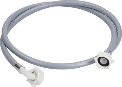 A gray washing machine or dishwasher inlet hose with white connectors on a white background.
