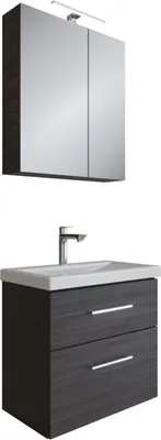 Produktbild von Planetmöbel Badmöbel-Set Waschtisch mit Unterschrank Anthrazit 63 cm & Spiegelschrank 60 cm mit LED-Leuchte (Schwarz Matt) & Steckdose