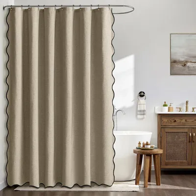 Produktbild von Duschvorhang in Khaki-Farbe, 200 x 200 cm, mit Kunstleinenstruktur, schwarzem Golfsaum und 14 Metallhaken