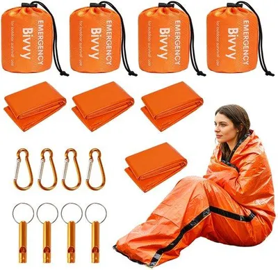 Produktbild von 4 Stück Notenschlafsack, Überlebensbiwaksack, Rettungsdecke mit Karabinerhaken und Signalpfeife, Überlebensausrüstung für Outdoor-Aktivitäten und Camping