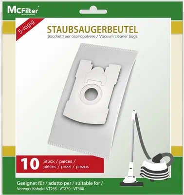Produktbild von McFilter | 10 Staubsaugerbeutel geeignet für Vorwerk Tiger VT 260, VT 265, VT 270, VT 300, 5-lagig, Microvlies, Deckscheibe mit Hygieneklappverschluss