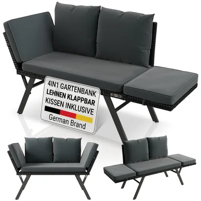 Zdjęcie produktu dla Ławka ogrodowa JUSKYS® Calvia – czarna/szara, z funkcją leżanki, sofa ogrodowa z polirattanu, nośność 240 kg