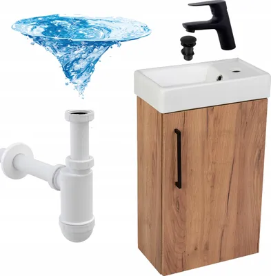 Obrázok produktu pre Stamar | Kúpeľňová skrinka na stenu, s umývadlom, 50 cm, zlatý dub, batéria Click Clack, so sifónom