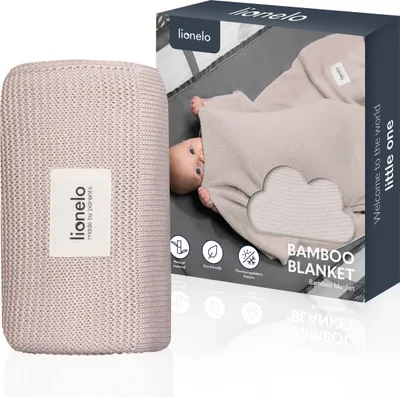 A baby wrapped in a beige blanket peeking out from a box with the product's branding and information.