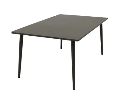 A dark gray rectangular table with four angled legs, shown against a white background.