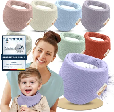 Produktbild von Mallie® Musselin Lätzchen Baby im 8er Set | Als Bibs, Dreieckstuch Baby, Baby Lätzchen | Musselin Halstuch Baby, Musselintücher Baby und Babylätzchen