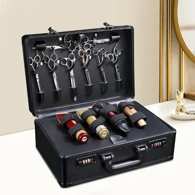 Produktbild von Tragbarer Friseurkoffer mit sicherem Passwortschloss für Scheren, Trimmer, Kämme und Bürsten, 40 x 31 x 16 cm, Schwarz