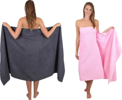 Produktbild von Betz 2 Stück XXL Badetücher 100 x 200 cm PALERMO Saunatuch 100% Baumwolle Farbe: anthrazit / rose