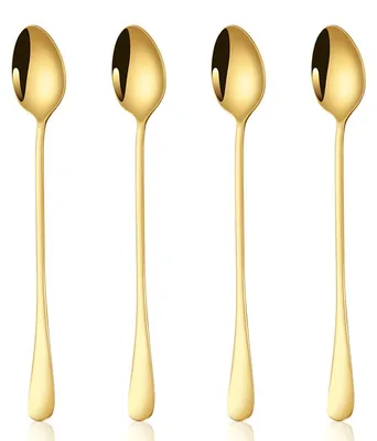 Produktbild von Stück Eistee-Löffel mit langem Griff, Cocktail-Rührlöffel, Kaffeelöffel aus Edelstahl (ovaler Löffelkopf), goldfarben, 19,5 x 3 cm