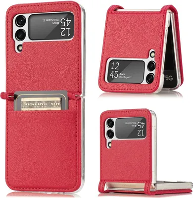 A collage of images showing a red flip phone case from different angles, with a card slot on one of the views.