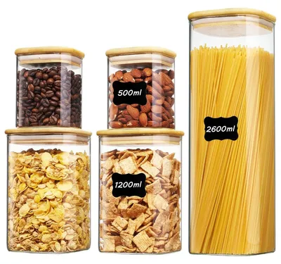 Produktbild von Vorratbehälter-Set – 5 Stück – Glas mit Bambusdeckel – 500 ml, 1200 ml und 2600 ml