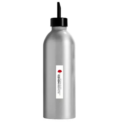 A silver bottle with a black cap and a white label with red text and a red poppy icon.