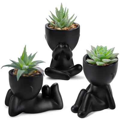 3er-Set Kunstpflanzen in Figurentöpfen, schwarz, 15 cm