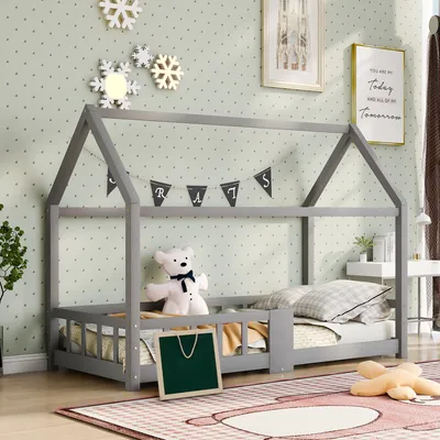 Produktbild von Merax Kinderbett 90x200cm mit Rausfallschutz und Lattenrost, Hausbett mit Tafel und Dach, Kieferholzbett Einzelbett Jugendbett, Grau