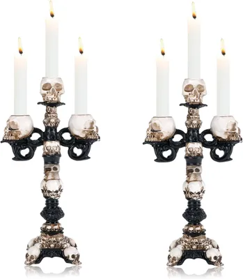 Productafbeelding van 2 stuks kandelaar zwart, Halloween-beeldje, kaarsenstandaard, staafkaarsen met 3 armen, gothic, doodshoofd, hars, ornamenten, decoratie, doodshoofd