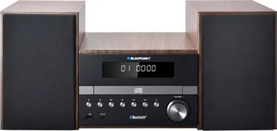 A Blaupunkt MS46BT Home Stereo System with two speakers and a central unit with a CD player and display.