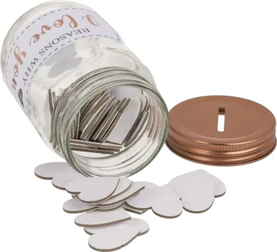 Immagine prodotto di Barattolo regalo con cuori in cartone "Reasons why i love you "Ø 7cm, 50 cuori