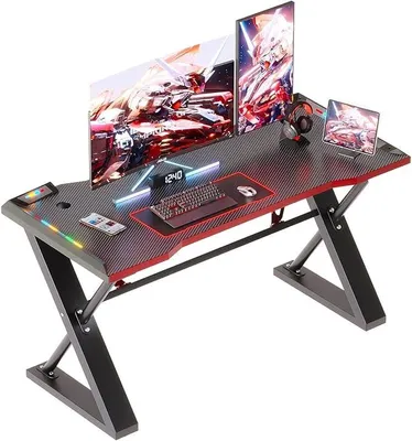 Obrázek produktu pro Herní stůl o rozměrech 120 x 55 cm s LED osvětlením, herní stůl se zesílenou Z-konstrukcí, herní stůl s karbonovým povrchem, stůl pro herní počítač, počítačový stůl, snadná montáž, černá barva s karbonovým vzhledem