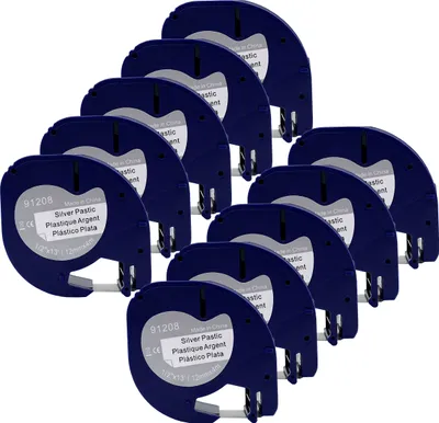 Produktbild von DULA Etikettenband - Kompatibel mit Dymo LetraTag 91208 / S0721730 - 10 Stück - Schwarz auf silbernem Kunststoff - 12mm x 4m