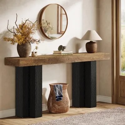 A console table with decorative items and a basket in a hallway setting.