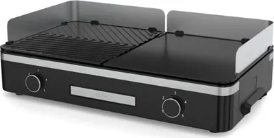A studio shot of a black electric grill with silver accents.
