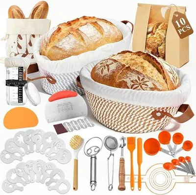Productafbeelding van Rijsmand Zuurdeeg Starterset met 2 Rijsmanden (25 cm Ovaal en 23 cm Rond), Broodbakset met Zuurdeegglas, 16 Printmotieven, 10 Grote Zak