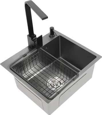 Obrázek produktu pro Kuchyňský dřez – jednoumyvadlový – nerezová ocel 201 – 45 x 40 x 20 cm – s baterií otočnou o 360° – dávkovač mýdla 150 ml – odtok Ø 11 cm – černý