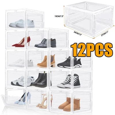 Immagine prodotto di Contenitore per scarpe - Set di 12 scatole per scarpe - Impilabili - Plastica trasparente resistente - Contenitore organizzativo - Multiuso