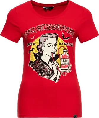 Produktbild von QUEEN KEROSIN Print T-Shirt Mit Vampir-Artwork You're My Blood Type Rot S