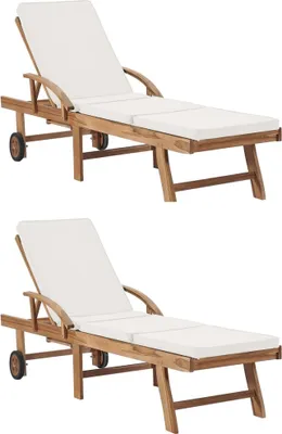 Two wooden lounge chairs with white cushions are shown against a white background.