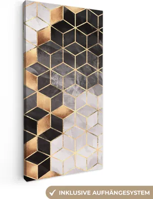 Produktbild von MuchoWow® - Leinwandbilder - Abstrakt - Würfel - Gold - Muster - Schwarz - Weiß, Wandbild, Wanddeko Bilder Wohnzimmer, 20x40 cm