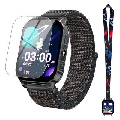 A smartwatch with a screen protector and a lanyard with dinosaur prints.