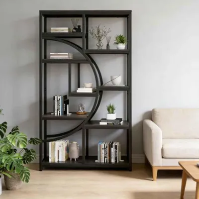 Produktbild von Buecherregal offen mit 9 Faecker, 95x30x175 cm, Halbmond-Design, Metall & Holz, Industrie-Vintage, Standregal Wohnzimmer, Schwarz-Grau